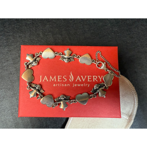 Retired James Avery Sterling Silver Heart and Angel Link Bracelet w/Safety Chain - Picture 1 of 9